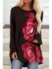 Dámské pohodlné tričko s dlouhým rukávem a kulatým výstřihem, s květinovým potiskem, nadměrná velikost, ležérní volný střih, střední délka