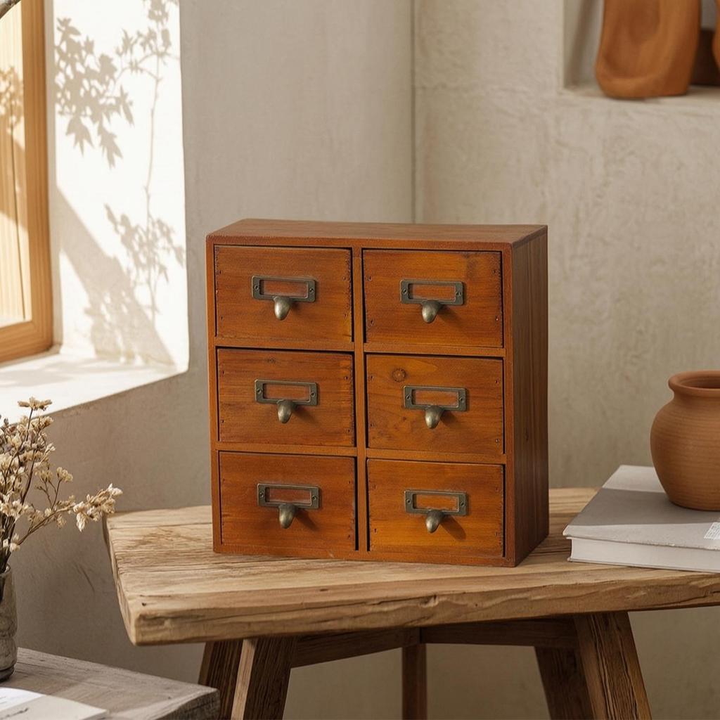 Desktop Organizer with Drawers Brown Wooden Storage Box Handmade Look for Office