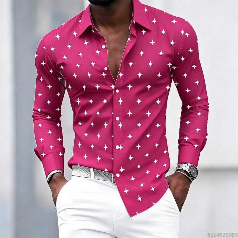 Men's Collared Long-sleeved Shirt, Classic Black Base with White Star Print, Slim Fit, Suitable for Commuting and Going Out.