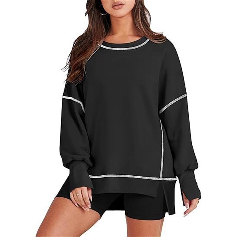 

European And American Style Ladies Casual Loose Pullover Sweater New Loose Round Neck Color Matching Long-sleeved Top L чорний