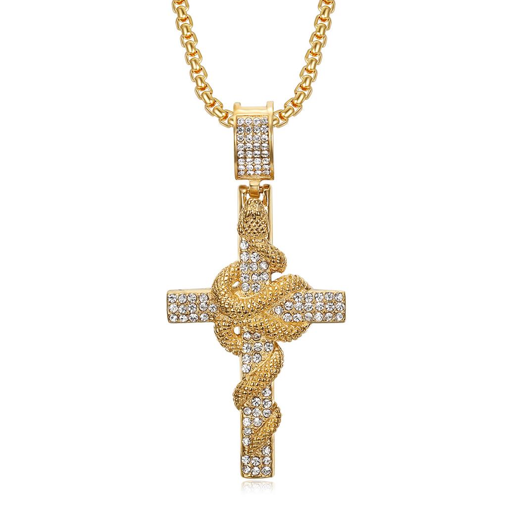 026 Jewelry Fashion Trend Inlaid Zircon Men's Exquisite Gift Jewelry Necklace Exquisite Snake Plate Cross Pendant