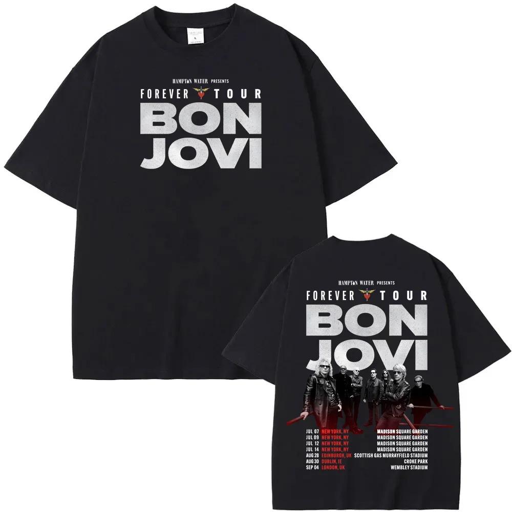 Bon Jovi  Forever Tour  Band Photo & Global Tour Dates Double-Sided Print Oversized T-Shirt | Classic Rock Music Concert Merch Tee 4XL