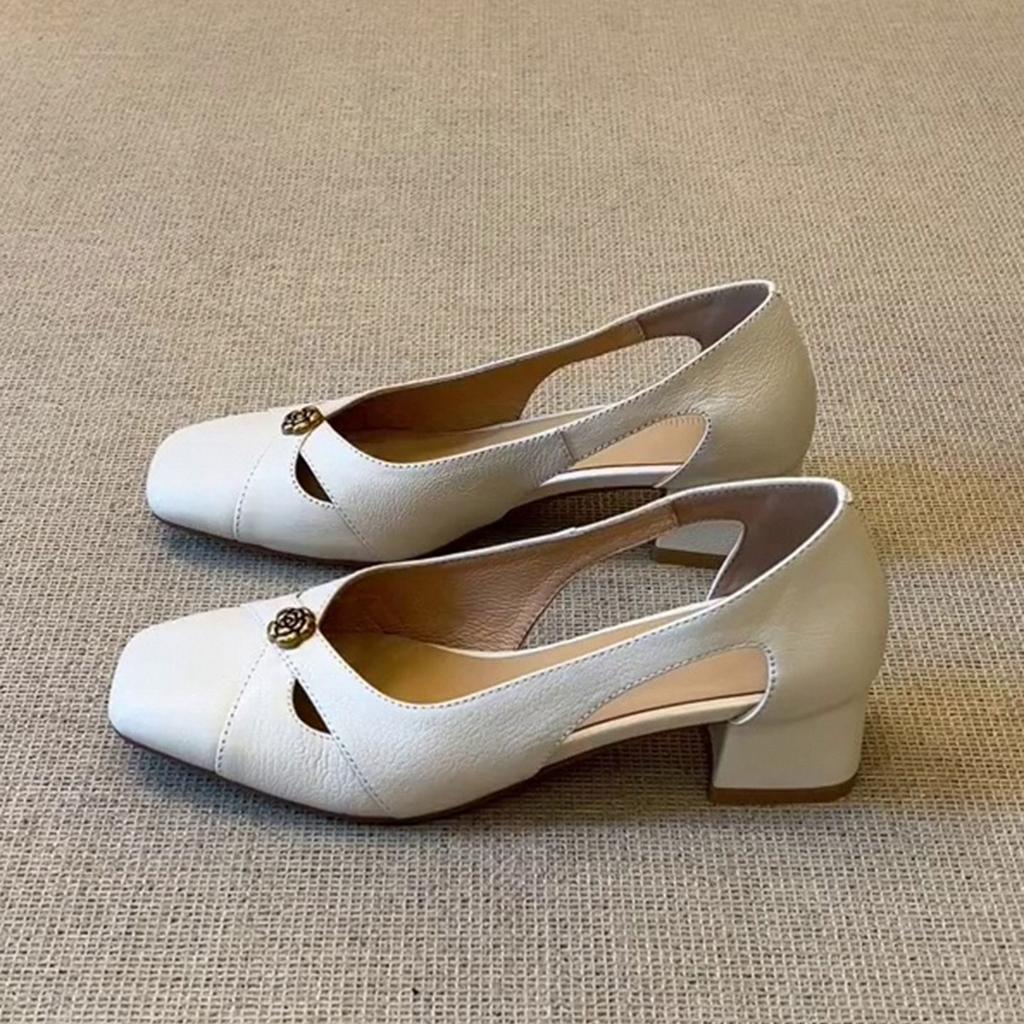 Square head French hollow bag head cool single shoes women's 2025 new summer with skirt thick heel absolute son Mary Jane shoes