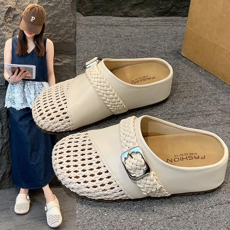 New Style of Semi-slipper Shoes with Woven Hollowed-out Toe Caps and Thick Soles for Lazy People To Wear on One Foot