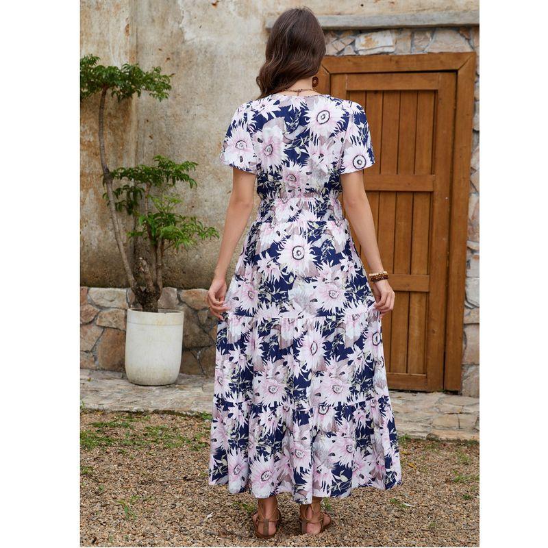 Sweet Summer New European and American Cotton Silk V-neck Big Flower Waist Hugging Slimming Mid-Length Short sleeve Dress Vacation Long dress