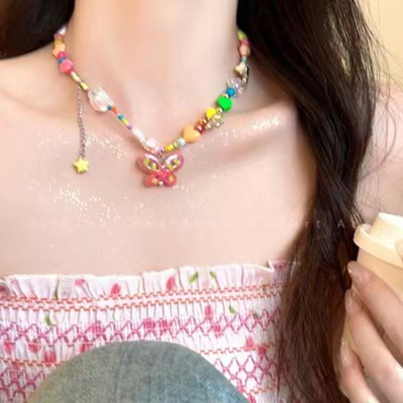 Dopamine Color Butterfly Beaded Necklace Female Personality Sweet Versatile Girl Collarbone Chain Fashion Necklace