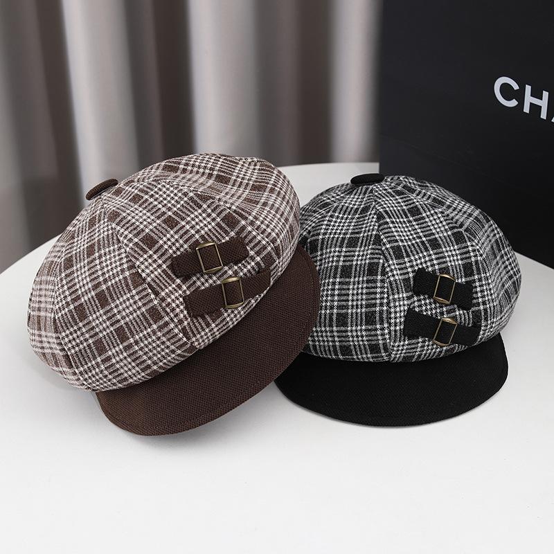 Early spring hat women's new autumn and winter octagonal hat versatile British retro plaid Bere newsboy hat