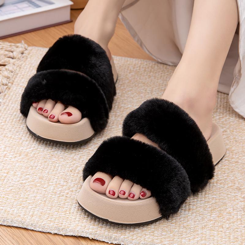 High-End Women's Furry Slippers: Thick-Soled, Non-Slip, Flat, Plus Velvet, Outdoor, 2025 Autumn/Winter Collection.