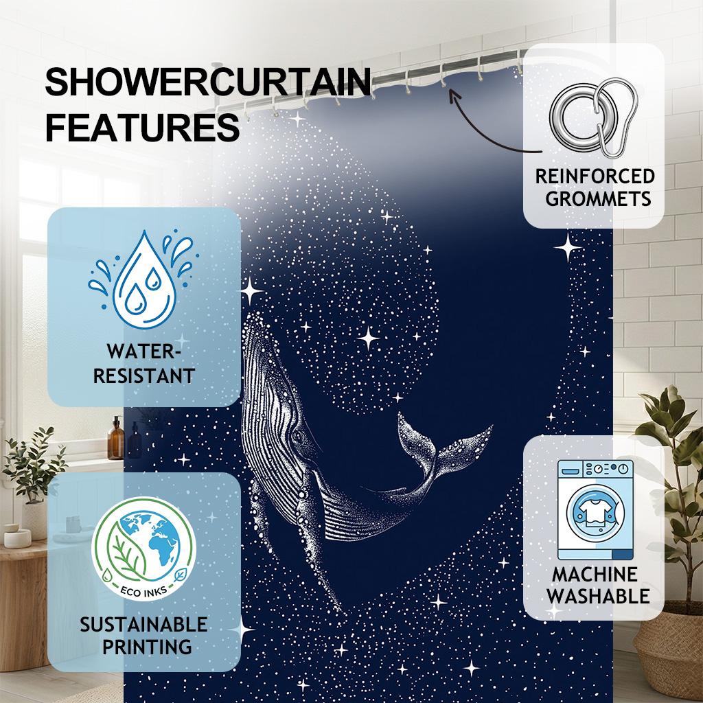 Celestial Humpback Whale Shower Curtain, Deep Blue Night Sky & Stars, Fantasy Ocean Art Minimalist Bathroom Decor