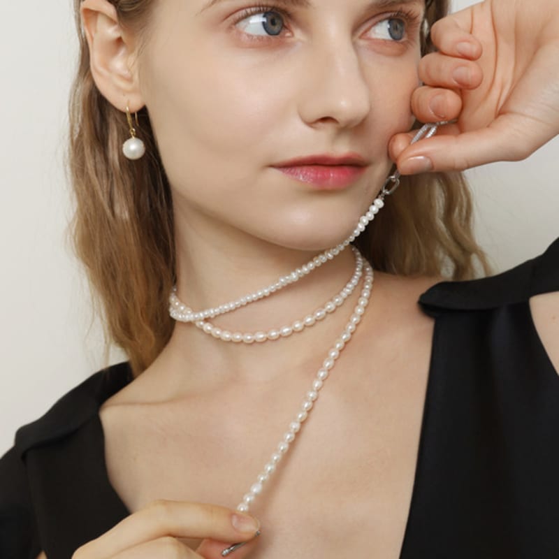 ozel Natural Pearl Linked Chain Necklace with Toggle & Bar PB045-5N