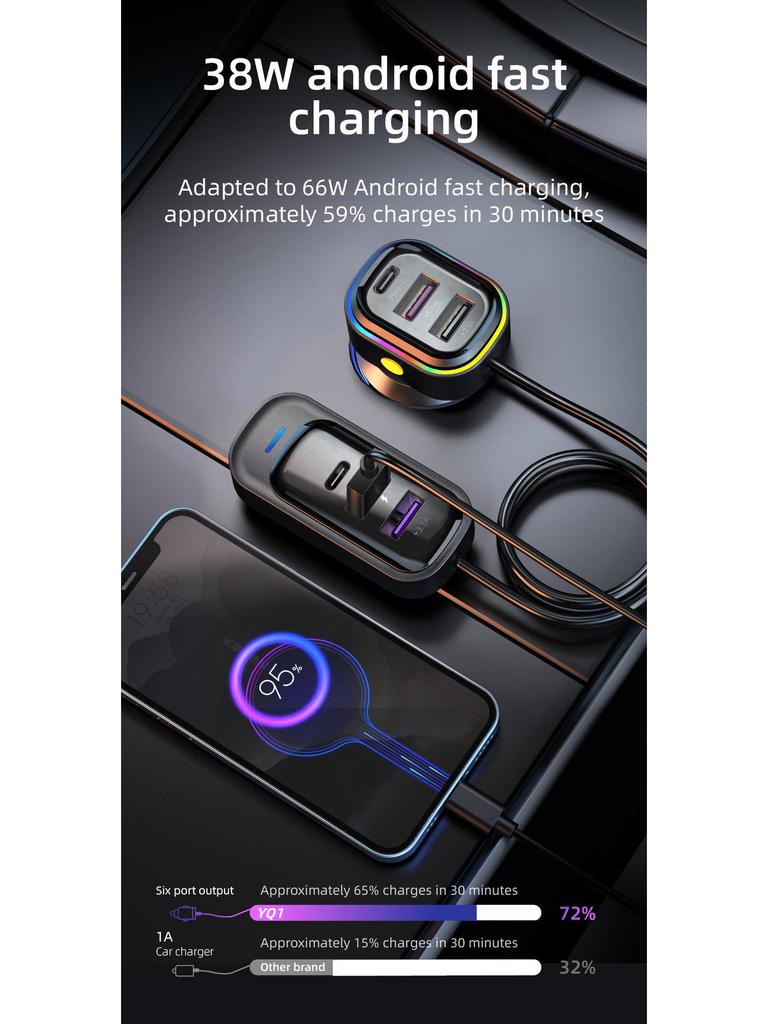 Přeshraniční 66W Super Rychlá USB Nabíječka do Auta s Víceotvorovým Zacvakávacím Designem pro Zadní Sedadlo