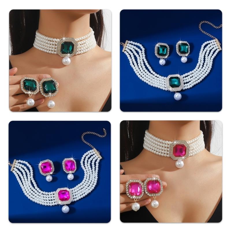 Pack Of 1 Set Elegant Multilayer Faux Pearls And Geometric Crystal Necklace and Earrings Set For Women Lady