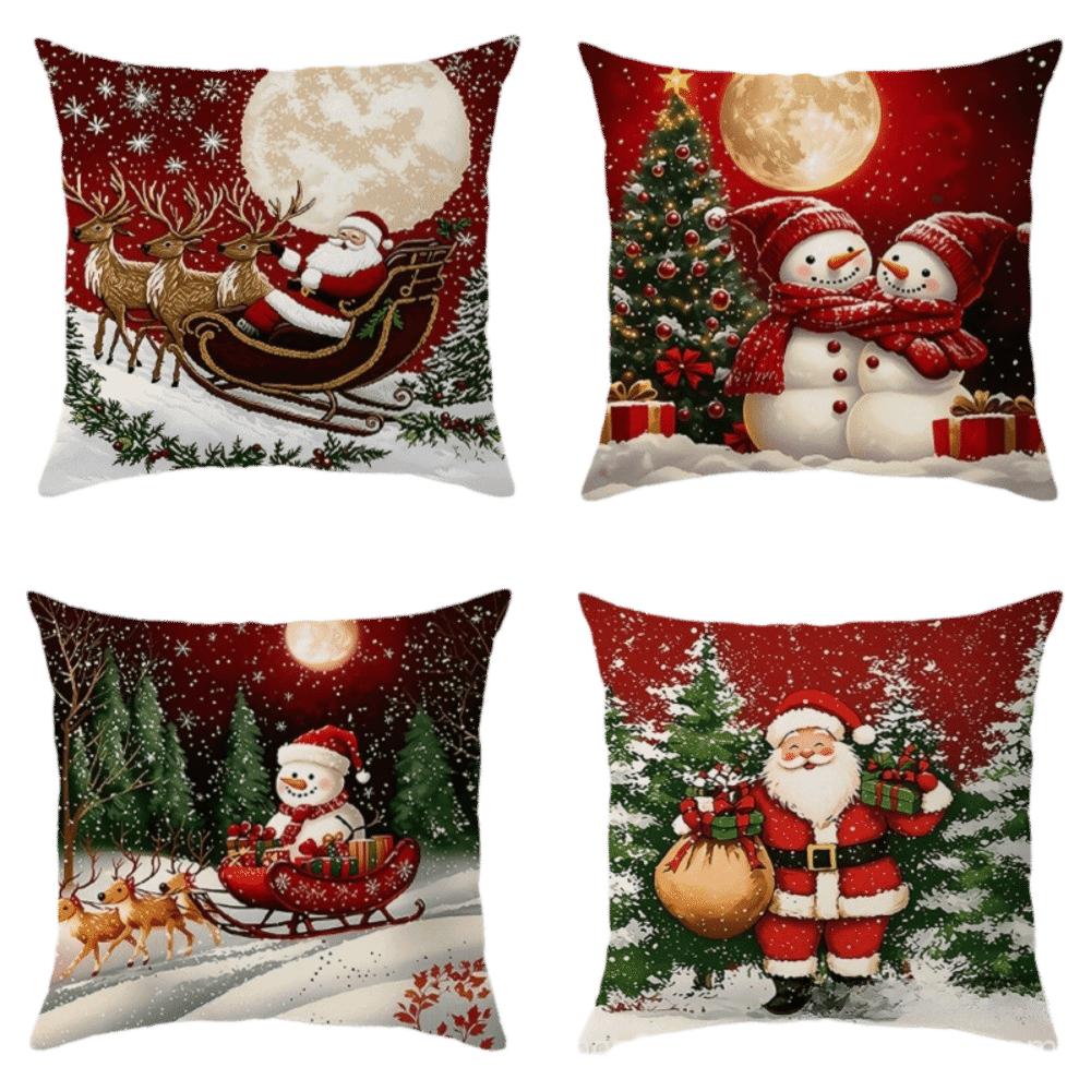 4PCS Snowman Holiday Cushion Cover Santa Claus Xmas Pillow Cover Home Holiday Decor