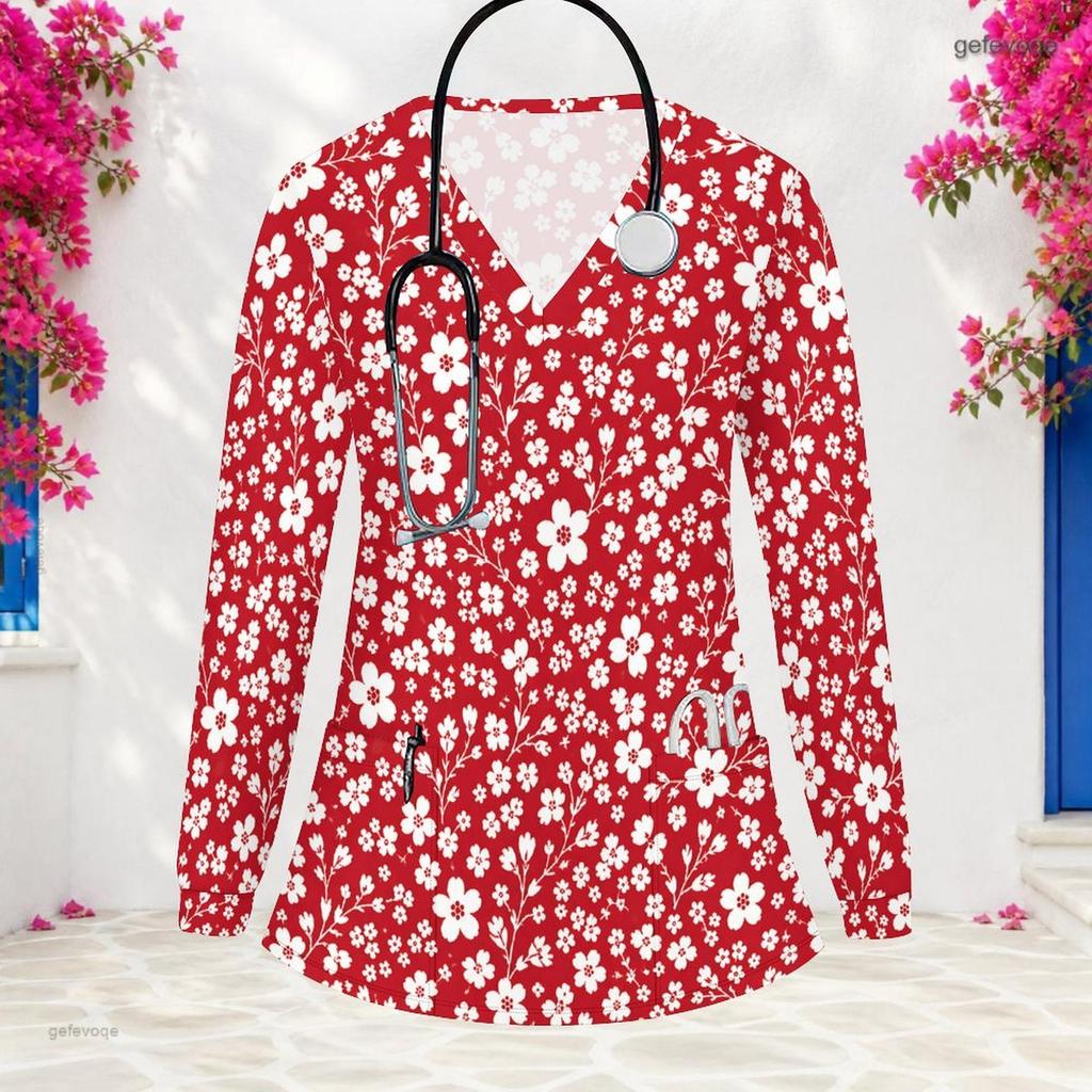 Women Plus Size Long Sleeve Nurse Scrub Top Watercolor Floral Print V Neck With Pockets Casual Medical Workwear For Healthcare Staff