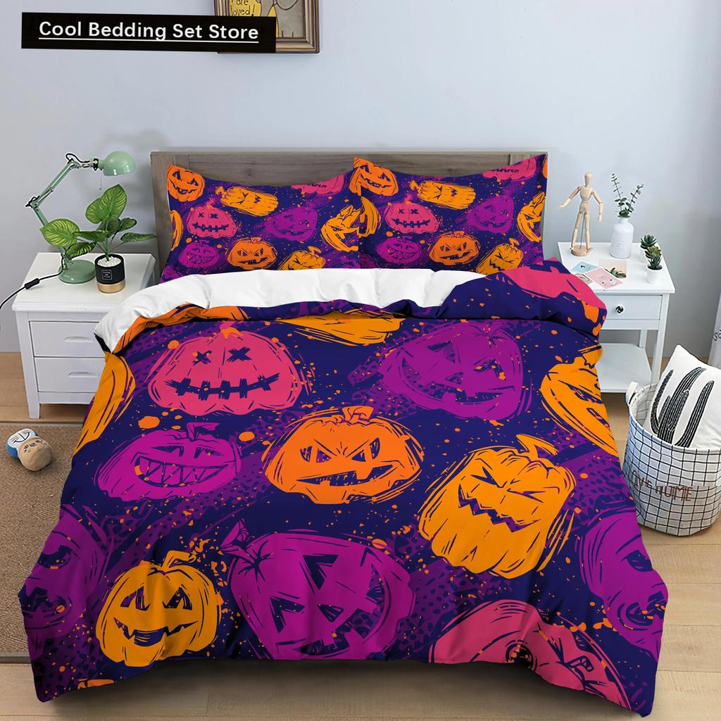 Happy Halloween King Queen Duvet Cover Orange Pumpkin Bedding Set Kids Teens Adults Bats Horror Festival Polyester Quilt Cover