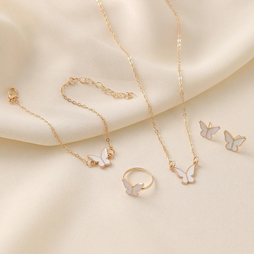 5 Pieces Gold Color Lady Enamel Butterfly Pendant Fashion Accessories Simple Necklace Bracelet Ring Earrings Party Zircon Set