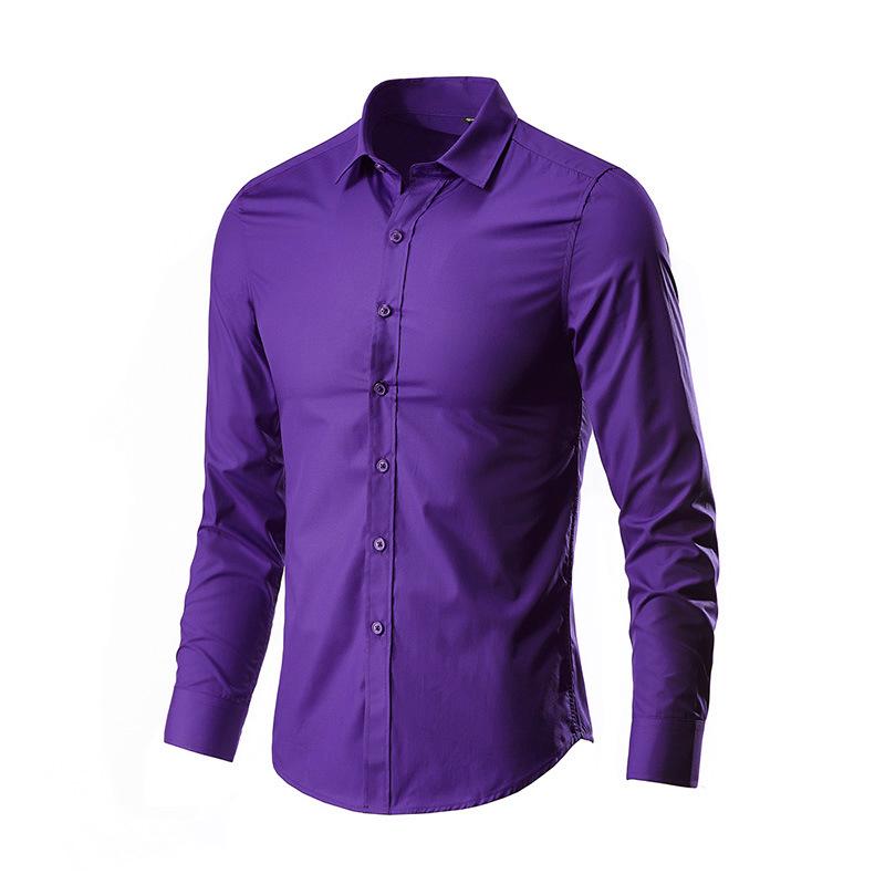 

Men s Dress Shirt Elastic Spring Autumn Long Sleeve Anti-wrinkle Free ironing Business Without Pocket Soft Fashion Smooth Slim M фиолетовый
