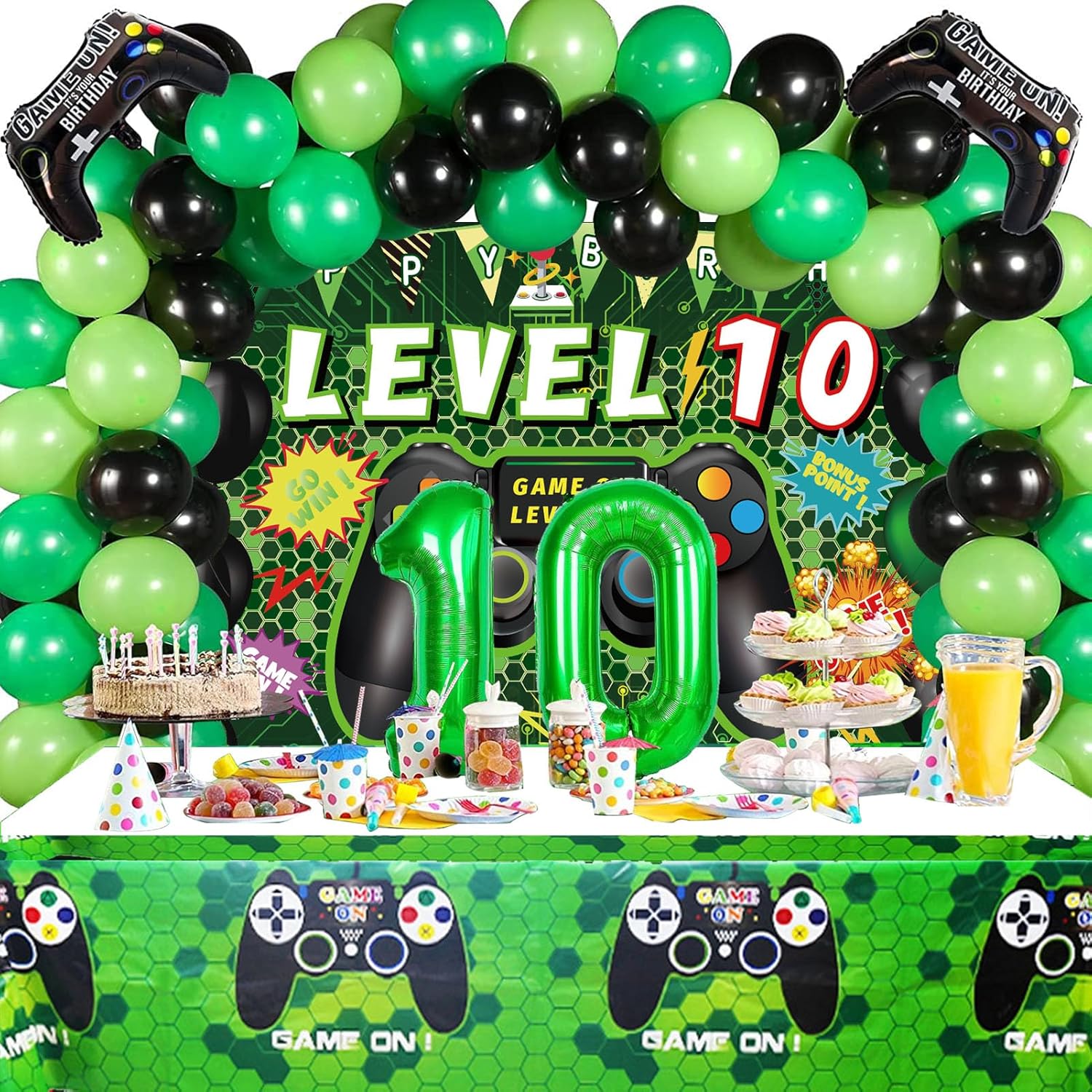 Vlipoeasn 90PCS 10th Birthday Video Game Party Decorations for Boys Set Green 10th Birthday Supplies -10th Video Game Backdrop, Balloons, Tablecloth,