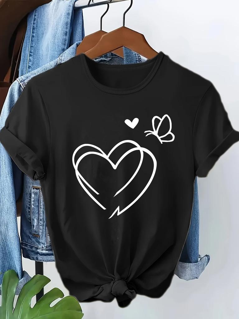Retro Heart Butterfly Print T-Shirt Y2K Fashion Cute Casual Summer Short Sleeve Tee Top for Ladies Daily Wear Streetwear