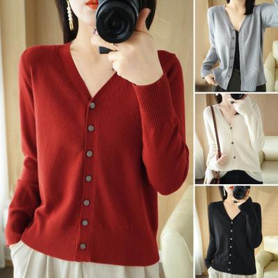 Damen Strickpullover mit V-Ausschnitt, langen Ärmeln, Button-Down-Pullover, Strickjacke, einfarbig, lockere Passform