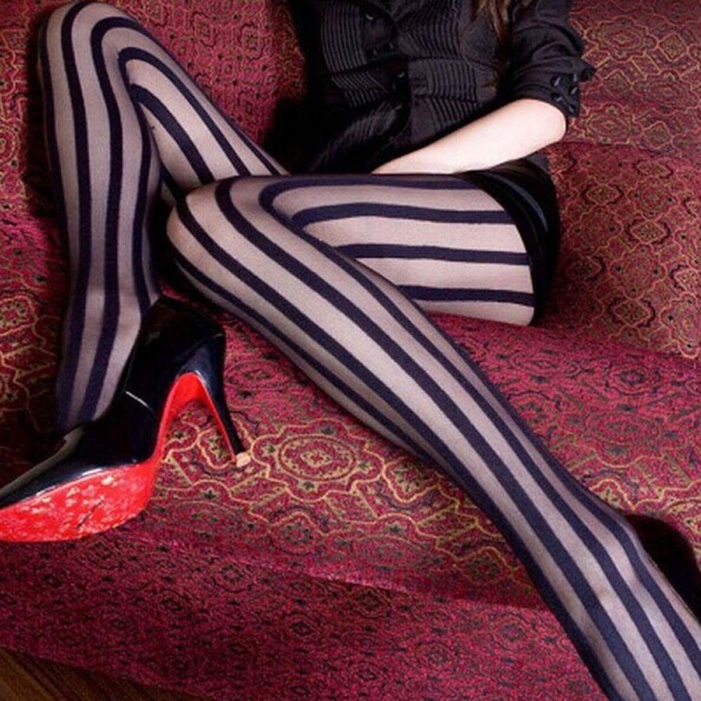 Sheer Sexy Punk Women Girl Black Tights Pantyhose Vertical Stripe Stockings