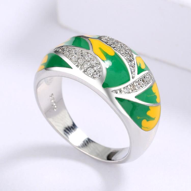 Pastoral Enamel Zircon Ring Women'S Green Mori Elegant Women'S Ring Diamond Ring