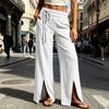 Women Casual Straight Leg Pants with Drawstring Waistband Side Slits Lightweight Loose Fit Trousers for Everyday Wear