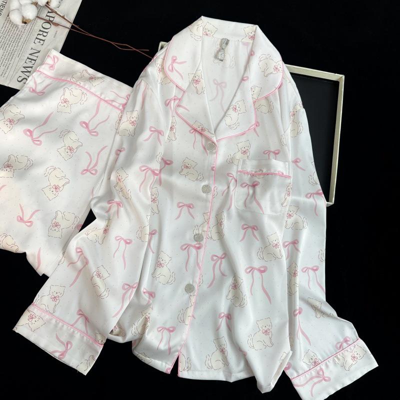 Yase Ribbon Kitten Ice Silk Pajamas - Cute Cartoon Print, Long Sleeve & Pants Set for Spring Large