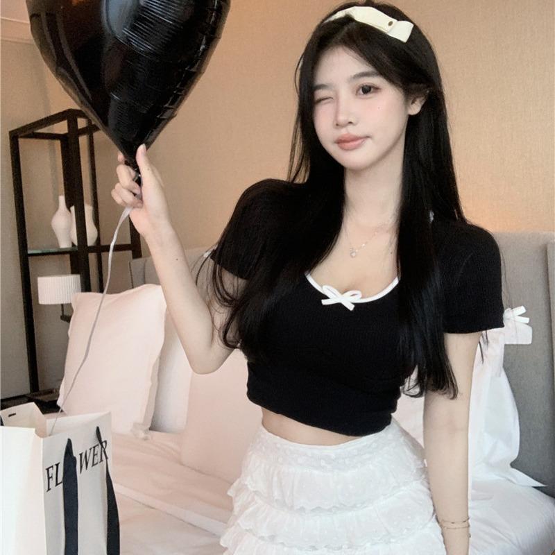 

Укороченный трикотажный топ Pure Desire Bow, женский летний укороченный топ с высокой талией, сексуальная футболка с коротким рукавом One size