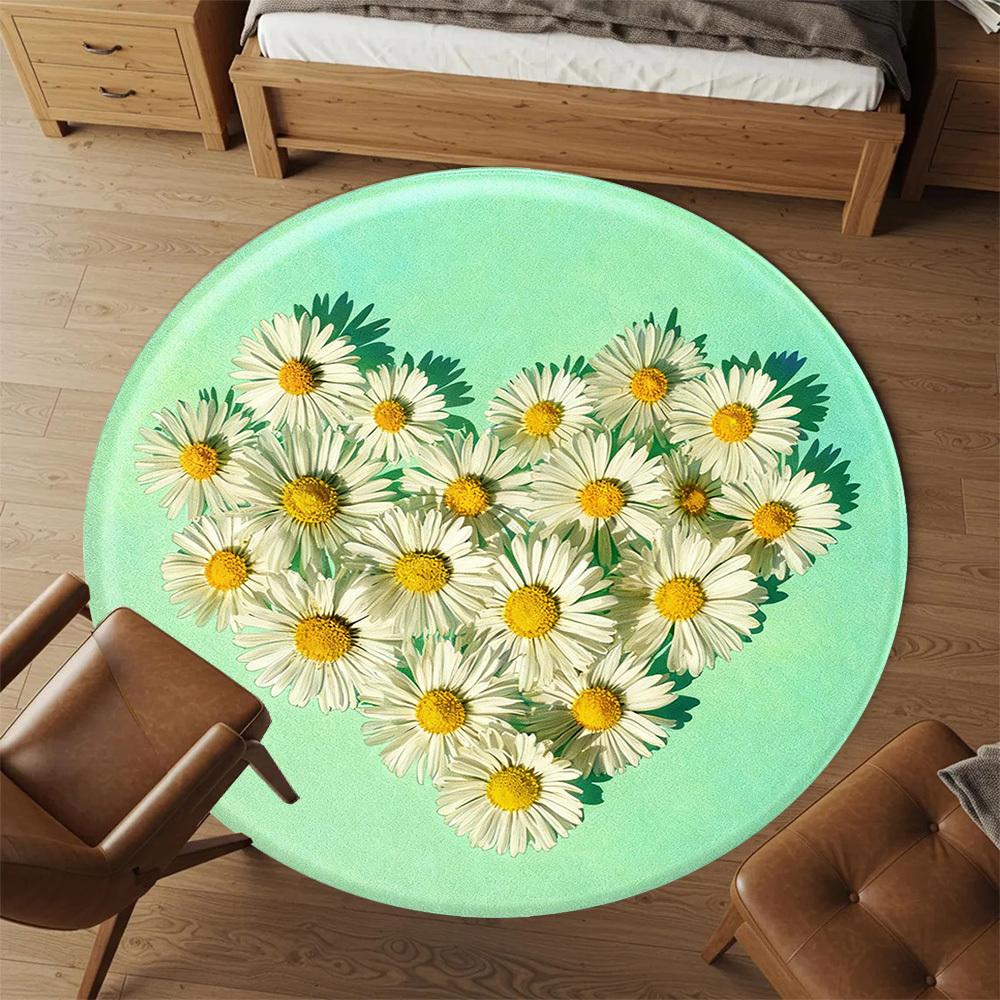 1pc Daisy Heart Round Chair mat office Area Rug - Non-Slip, Floor Mat for Office, Bedroom, Ideal home decor gift p0105052
