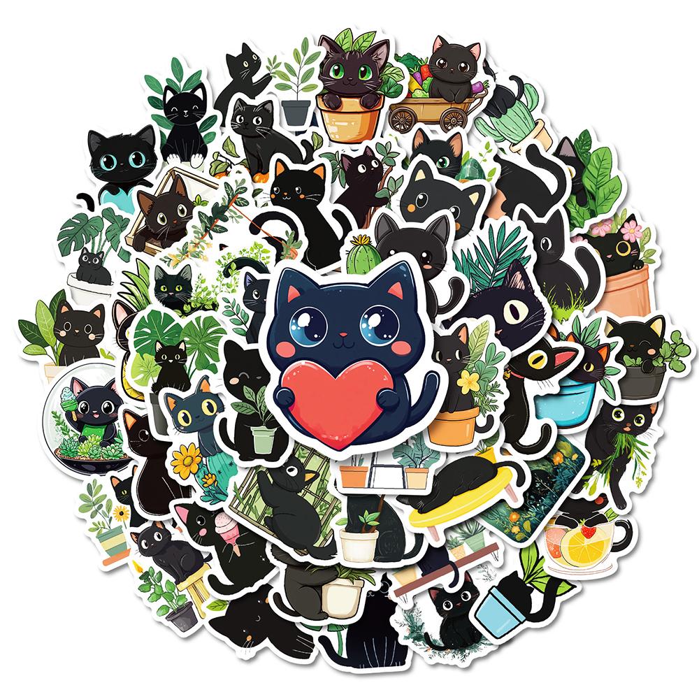 10/30/50pcs Cute Plant Black Cat Cartoon Stickers Waterproof Graffiti Phone Case Bike Kawaii Decoration Sticker Toys Gifts
