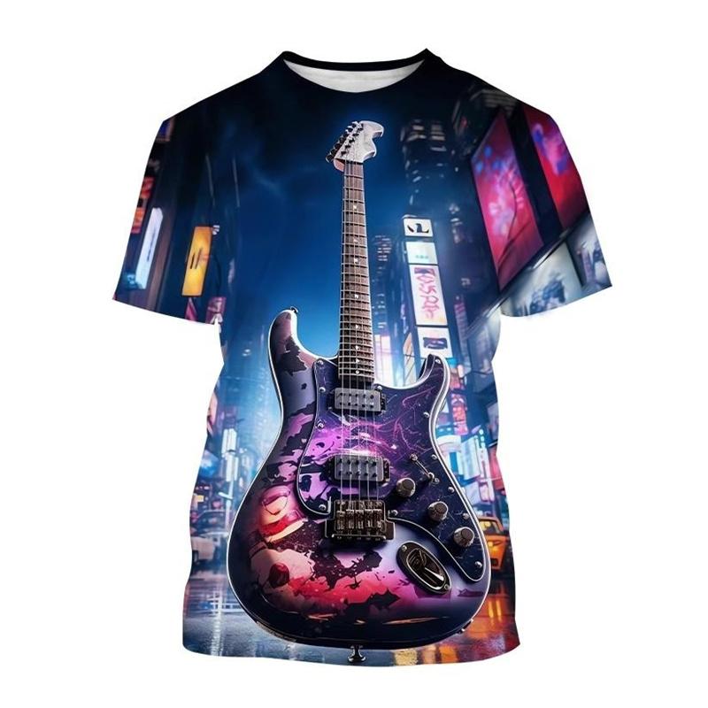 Camiseta con estampado 3D de arte de guitarra creativa, patrón de instrumento musical, camiseta de manga corta con cuello redondo para hombres, camisetas casuales