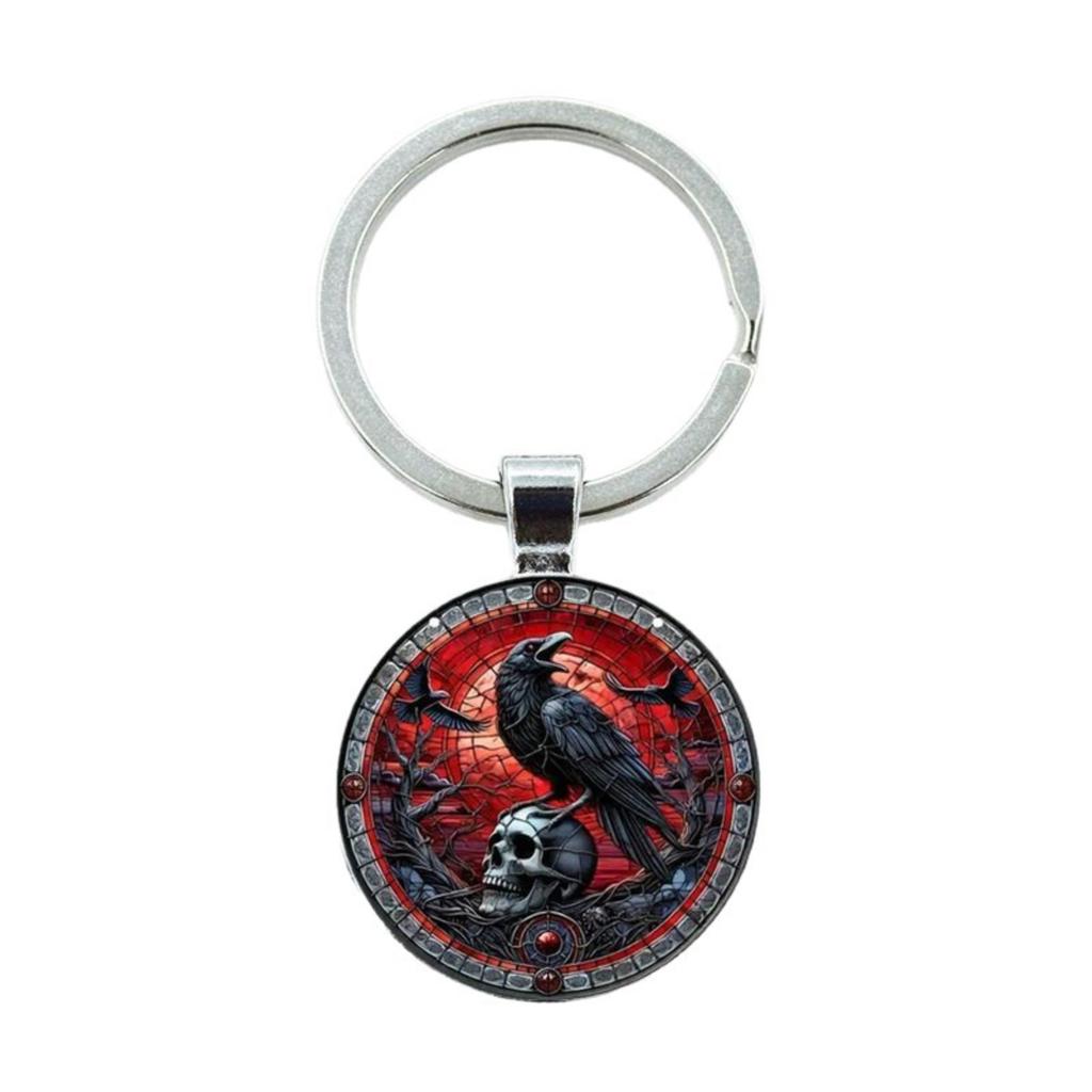 Round Alloy Keychain Pendant with Metal Key Ring Gothic Style Raven and Skull Pattern Durable Accessory for Bags Keys