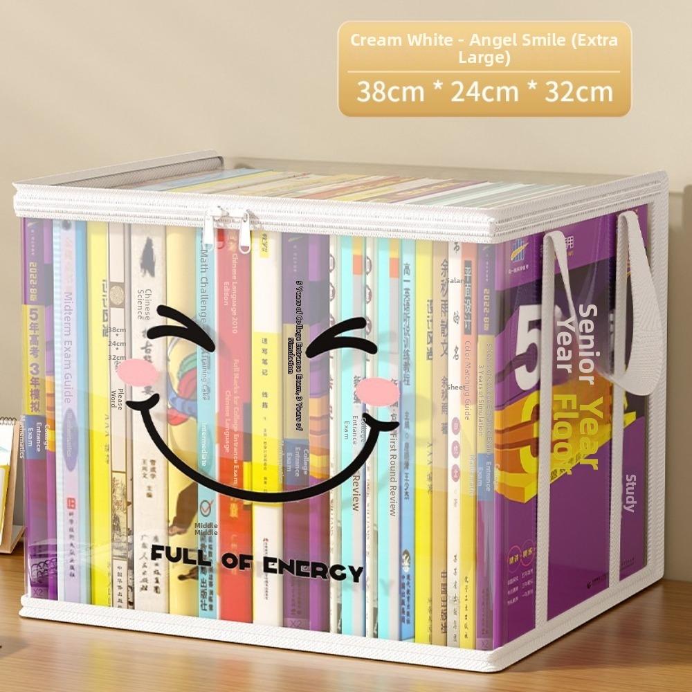 Große quadratische Buchaufbewahrungstasche PVC Transparenter Deckel Design Aufbewahrungsbox Reißverschluss Fröhliches Gesichtsmuster Organizer-Behälter Heimorganisation