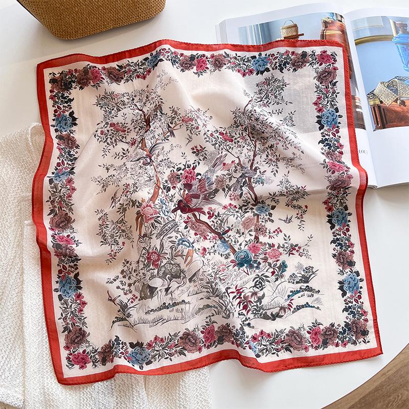 2025 summer thin light luxury Hundred Birds Chaofeng silk cotton blended silk scarf women s versatile high-end silk cotton silk scarf 53cm