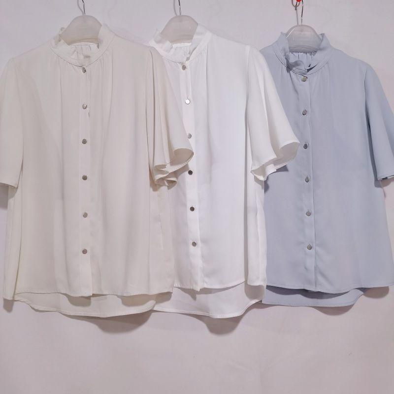Export Japanese Original Cut Label Stand Collar Ruffled Flare Sleeve Short Sleeve Shirt Accessible Luxury Fancy Professional Bottoming Shirt