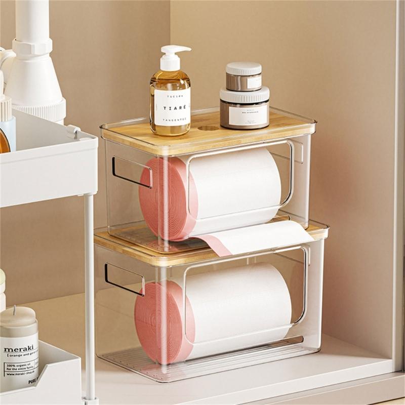 Clear Plastic Waste Bag Dispenser Organizers Featuring User Friendly Bamboos Cover And Spacious Design