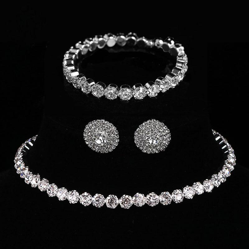 Niche Full Diamond Necklace Earrings Bracelet Three-piece Set Metal Flower Hollow Collar Bridesmaid Bride Suit Women
