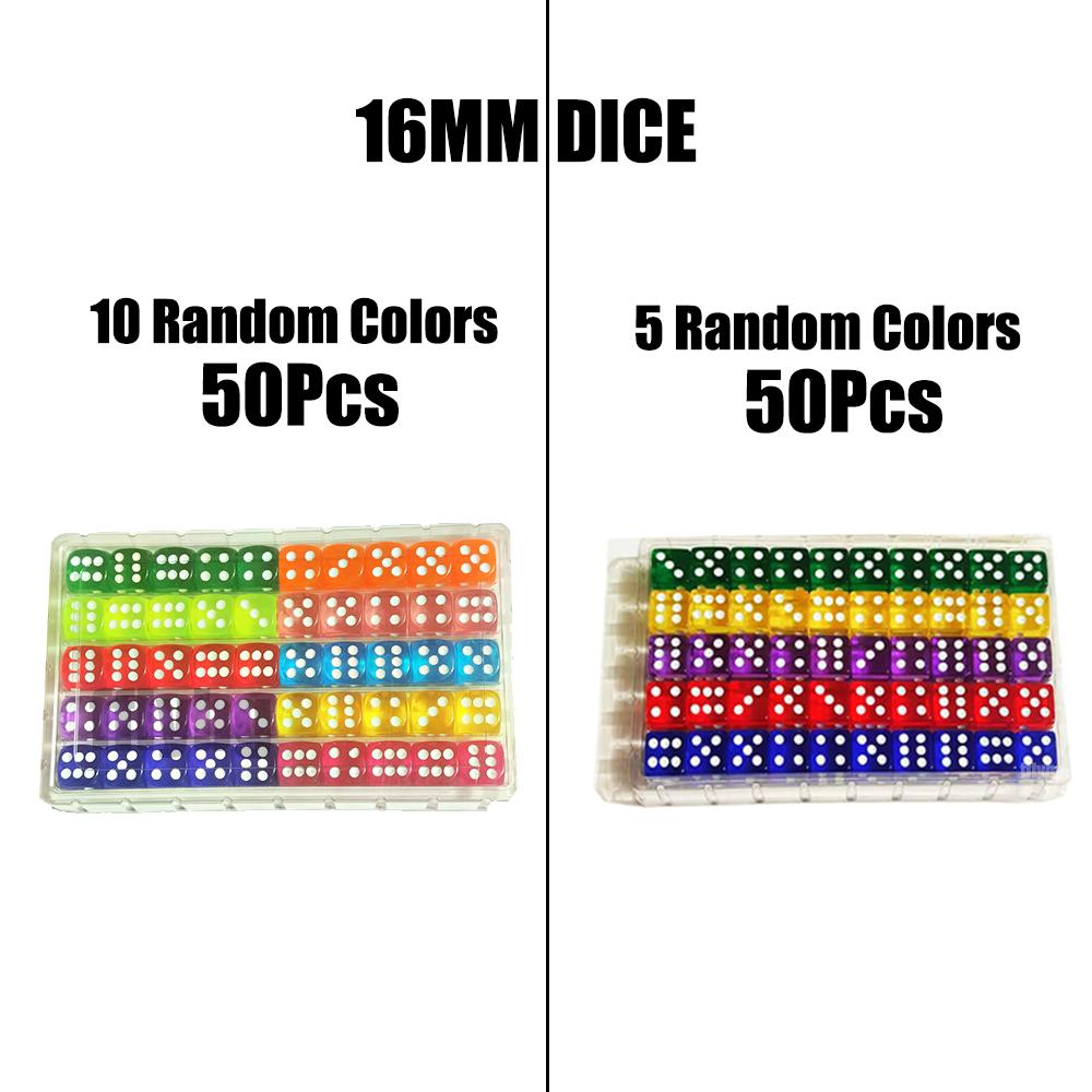 50PCS/Kit 6 Sided Dice 16mm D6 16 See Through Color Acrylic Square Corner Cube Digital Dice For Table Board Games Party DND