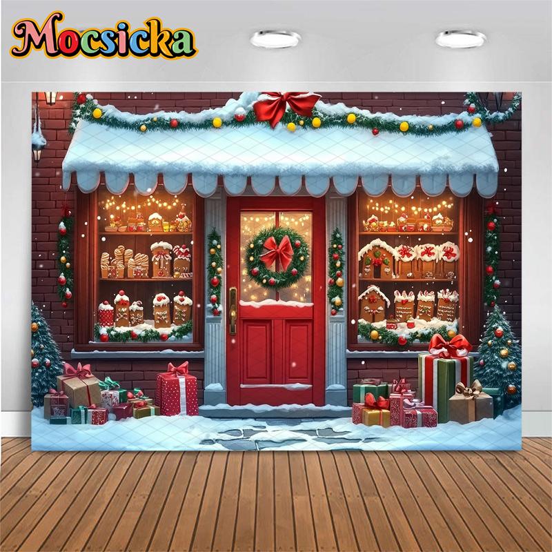 Mocsicka Christmas House Backdrop Winter Snow New Year Party Wallpaper Tree Gift Shop Decoration Festival Photography Background