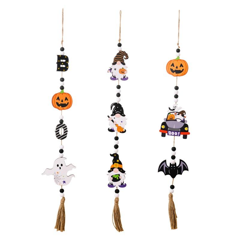 Halloween Decoration Prop Wooden Beads Pendant Gnome Pumpkin Bat Ghost Hanging Ornaments for Wall Home Party Supplies Gift
