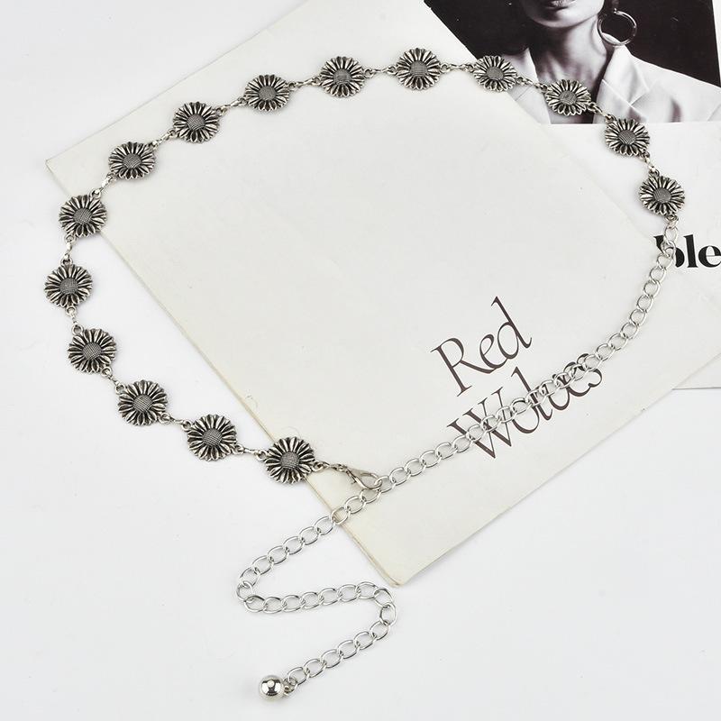 Retro Sunflower Metal Waist Chain Women's Personality Niche Versatile Dress Decorative Ancient Silver Belt Women