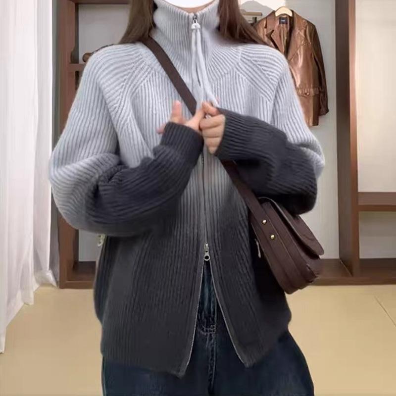 Gradual change of color Soft waxy knitted zipper shirt 2025 autumn new sweater jacket women's long-sleeved niche design cardigan