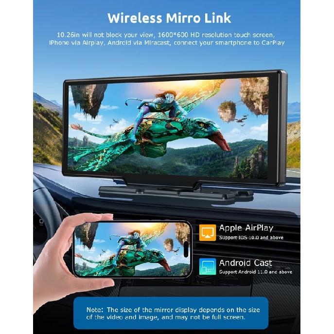 10.26" 64GB Dash Cam Car Stereo 4K IPS Touch Screen Wireless Apple Carplay & Android Auto Dual Len Recorder Bluetooth FM+Camera