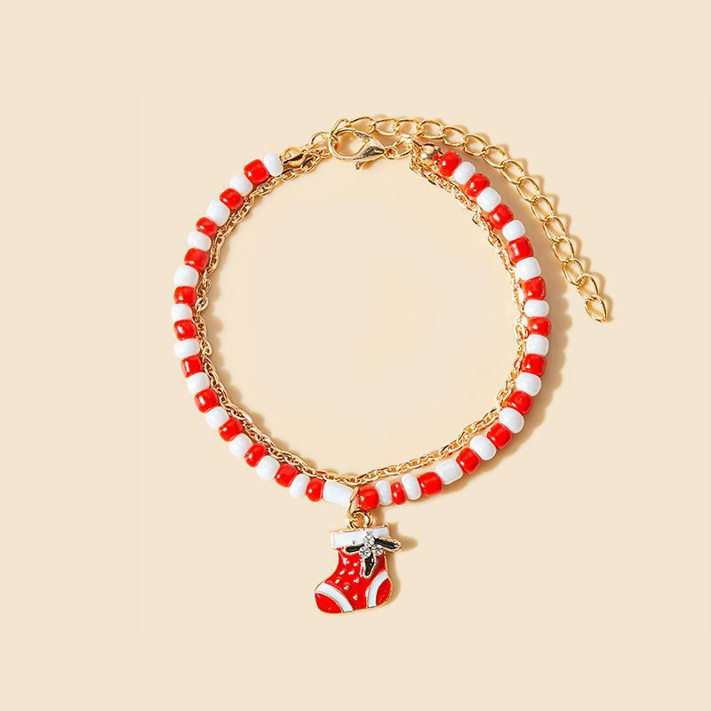 European-American Style Handmade Colorblock Beaded Bracelet with Cartoon Christmas Tree