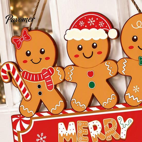 Decorative Window Display Sign Christmas Gingerbread Man Wooden Hanging for Front Door, Merry Xmas Home Entrance Plaque with Lanyard, Holiday
