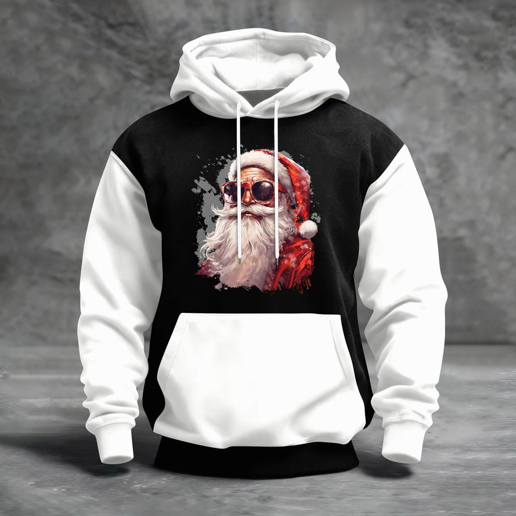Erkek Noel Baskılı Renk Bloklu Kapüşonlu Günlük Spor Konfor Sweatshirt