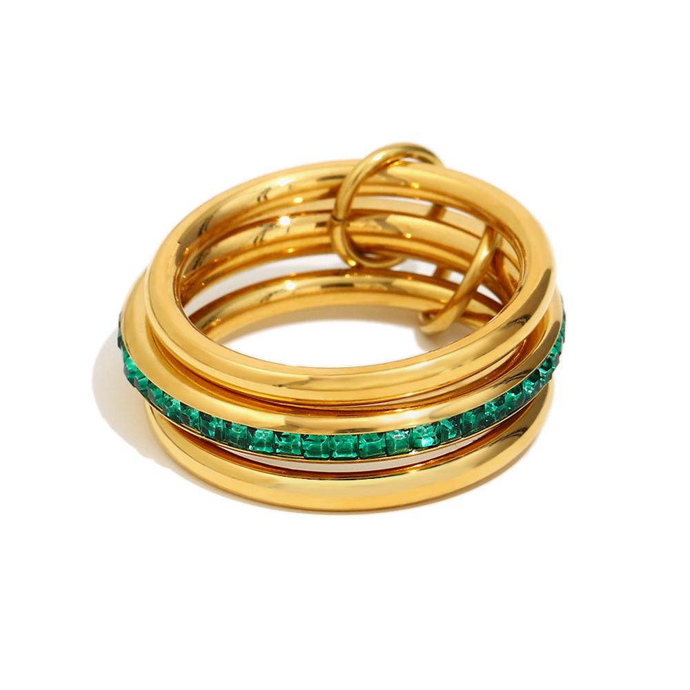 

Waterproof 18K Gold Plated Green Zircon Three Layer Connecting Ring Stainless Steel Luxury Stackable Ring Women s Jewelry Gift 6 золотой