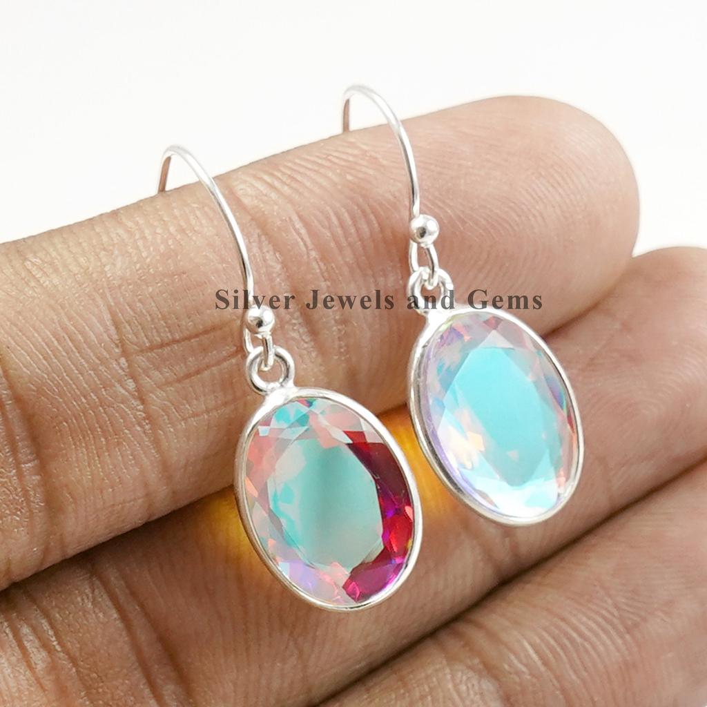 Natural Angel Aura Quartz Earrings, Handmade Earrings, 925 Sterling Silver, Oval Aura Quartz Earrings, Bezel Earring, Dangle Drop Earrings