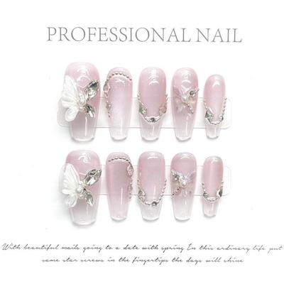 HANDMADE Press On Artificial Nail Medium Coffin Shape Pink Transparent Gradient Jade Butterfly Floating Phototherapy Nails Fake Nails with Toolkit